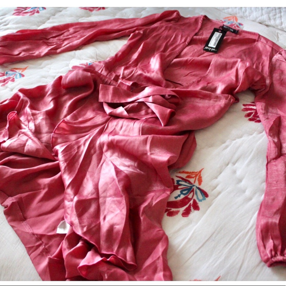 Nasty Gal Pink Satin Midi Wrap Dress